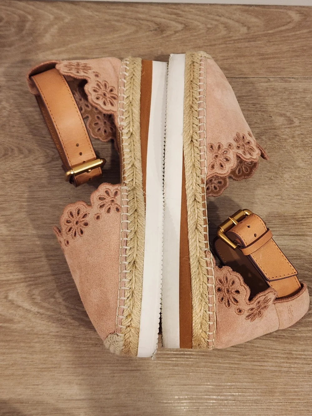 See By Chloe Glyn Natural Floral Scalloped Suede Ankle Strap Espadrille Womens 7